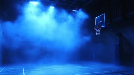 Eerie Blue Smoke on an Empty Basketball Court with Dramatic Lighting creates a moody scene - Powered by Adobe