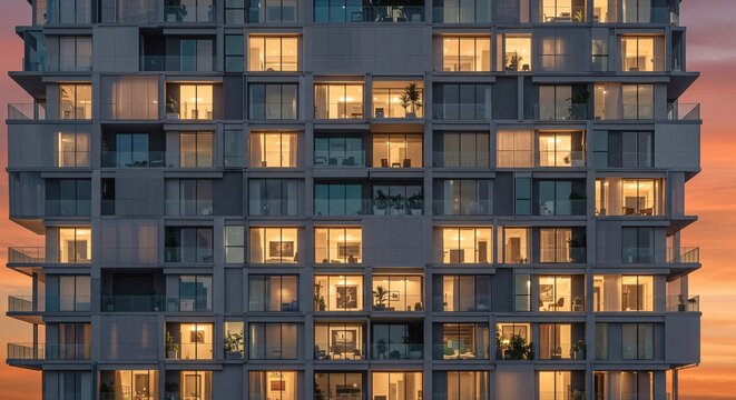Modern apartment building with illuminated windows at dusk showcasing urban living