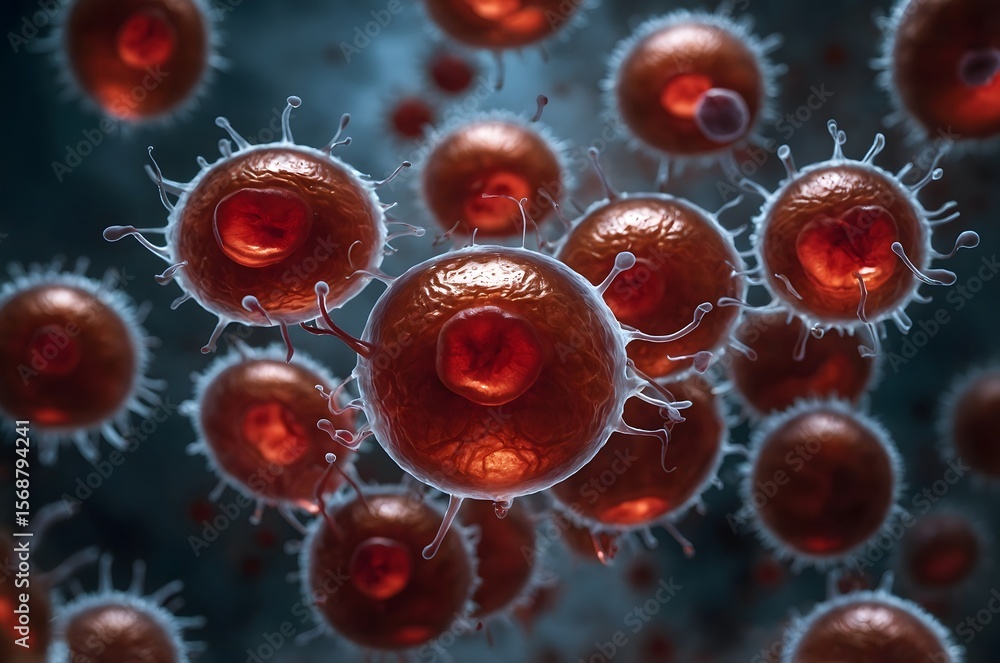 Poster microscopic view of numerous red virus cells with spikes on a dark blue gradient background