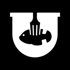 Food logo design that combines the letter u with a fish and fork, using white color.