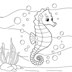 A friendly seahorse with a curled tail floats among bubbles and sea plants, illustrated in whimsical black-and-white line art.