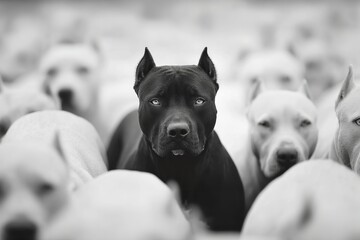 Black dog stands out among white dogs in a crowded setting during daylight