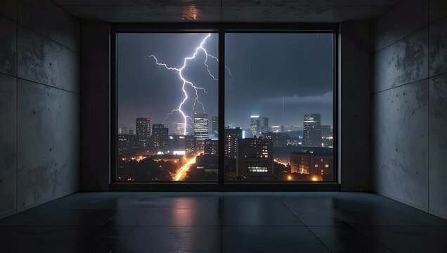 A nighttime cityscape viewed through a large window during a dramatic thunderstorm.  Lightning illuminates the urban skyline.