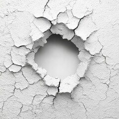 Cracked white wall with a circular hole