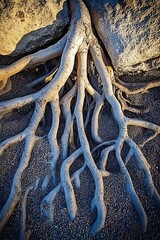 Intricate patterns of exposed roots and stones create natural textures