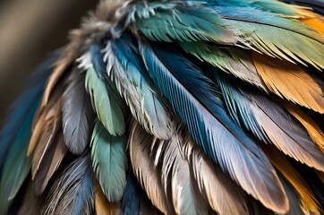 Fototapeta premium A close up view of vibrant bird feathers in shades of blue green brown and orange hues texture