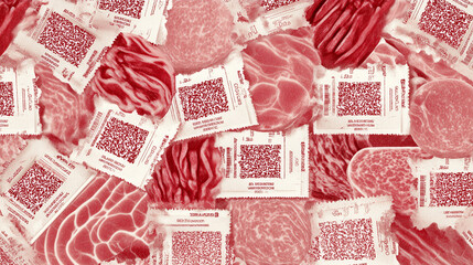 A fractal pattern of carcinogenic warning labels crafted from processed meat textures, forming an infinite loop.