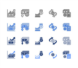 Financial planning  icon sheet multiple style collection. Finance, Inflation, Analytics, Cash Flow, Cost.