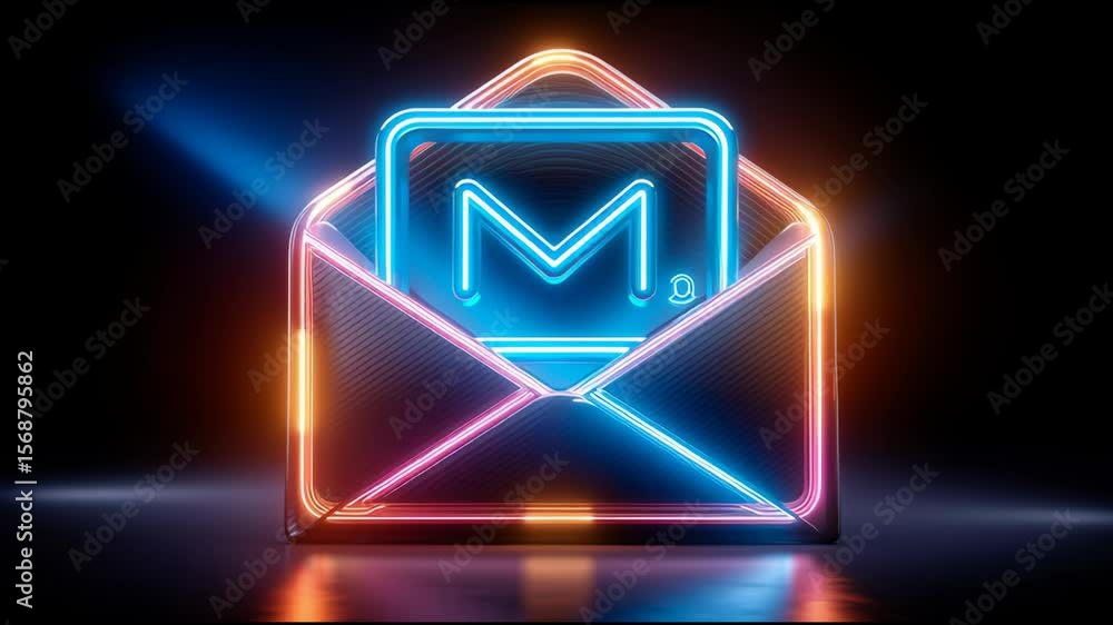 Poster a glowing envelope with a phone inside. the envelope is lit up in neon colors and he is glowing in t