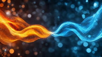 An abstract background depicting the elemental clash of fire and ice, with flowing hot orange and cold blue energy waves merging in the center.
