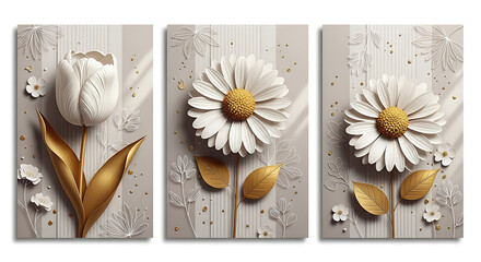 Elegant floral triptych featuring white tulip and daisies with gold accents and decorative outlines