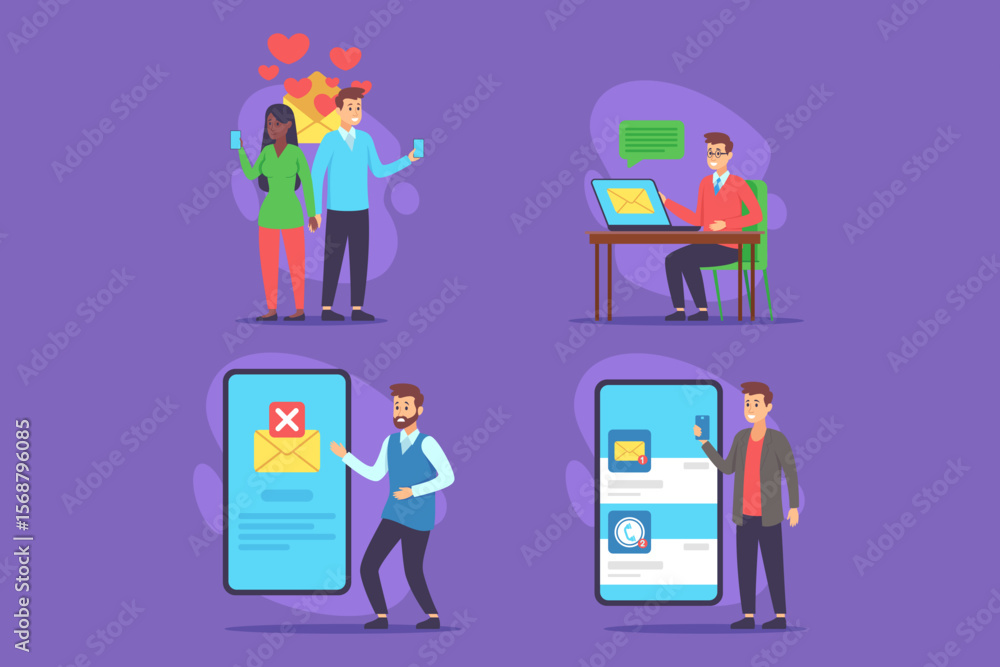 Aufkleber individuals in various digital communication scenarios. couple sharing messages with hearts, while t