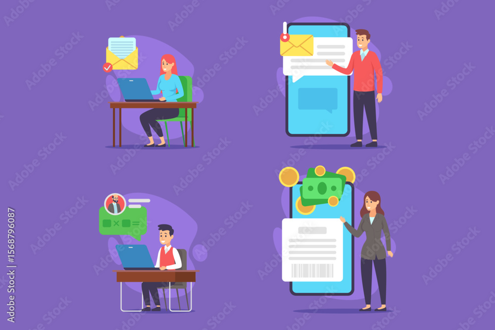 Poster people engaged in various activities related to digital communication and remote work. people checki