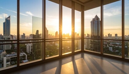 Golden Hour Cityscape: High-Rise View with Sunlit Reflections and Modern Architecture