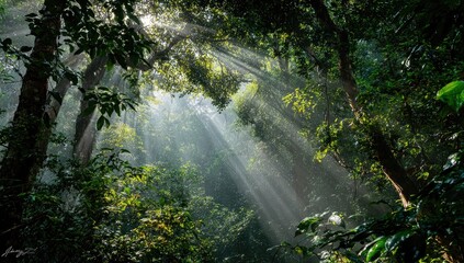 Sunlight streams through dense jungle canopy