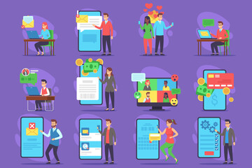 People engaged in various digital activities, including messaging, video conferencing, and online transactions. Modern technologys impact on daily interactions concept