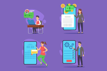 Fototapeta premium Set of various digital interaction scenarios involving individuals engaged in activities like working, messaging, exercising, and managing tasks on devices