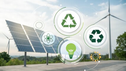 Solar panels and wind turbines with green energy icons representing renewable energy sources and sustainability