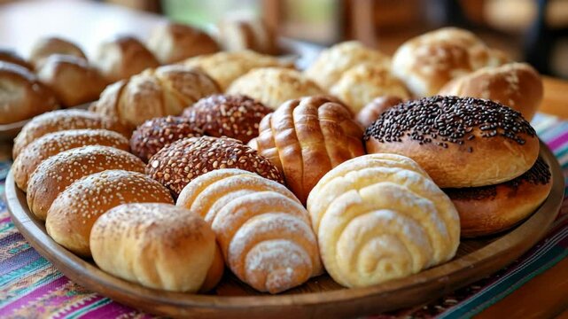 The comforting aroma of tradition a generous offering of freshly baked pan dulce on a colorful platter, a warm culinary heritage background.
