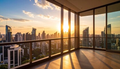 Golden Hour Cityscape: Modern Apartment View with Sunset and Wood Floor