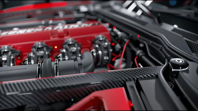 A close up of a car engine with red lights on. The engine is a mix of red and black,