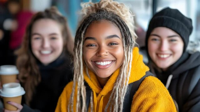 Friends smiling, coffee shop, enjoying time, chat. Promotion