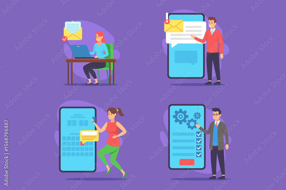 Aufkleber individuals engaged with various digital interfaces to manage tasks and communication. person at des