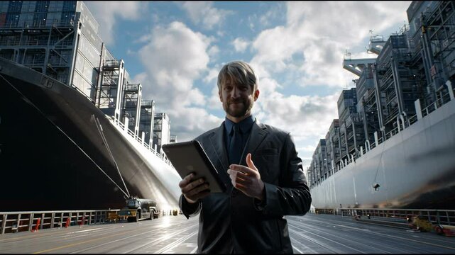 A man is standing in front of two large ships, one of which is a container ship