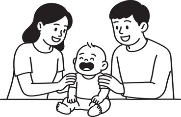 Happy Family with Baby Parents Playing Together Black and White Illustration