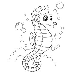 A whimsical seahorse with a segmented body and curled tail floats among bubbles, illustrated in black-and-white line art.