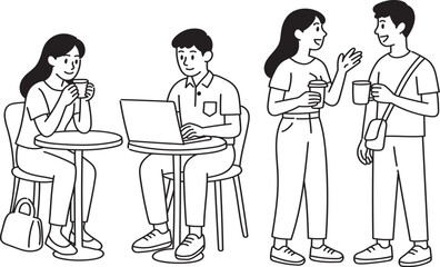 People Meeting at Cafe Coffee Shop Social Interaction Line Art Illustration