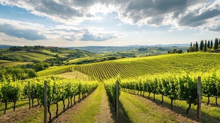 Fototapeta premium Lush vineyard landscape under a cloudy sky