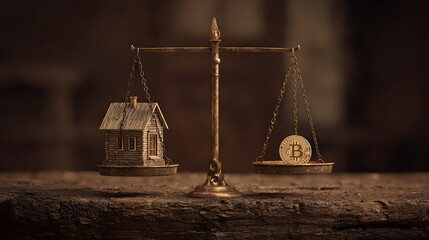 House versus Bitcoin on a scale, contrasting real estate and cryptocurrency