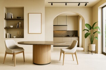 Elegant contemporary dining room with round table, two chairs, built-in shelves, archway to kitchen, and large plant beside window. Ai generative.