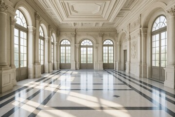 Luxurious classical interior with tall arched windows, intricate wall carvings, and patterned marble floor in daylight inside a grand empty hall.