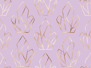 Geometric crystal seamless pattern with gold striped stone ornament.