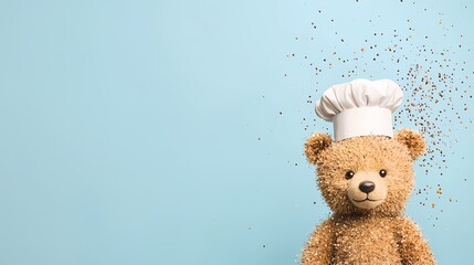 Cute teddy bear wearing a chef's hat, playfully cooking.  Concept for children's cooking, baking, food blogs, or culinary fun.