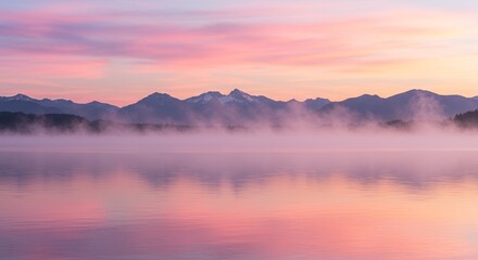 Fototapeta premium Serene mountain lake landscape at sunrise with colorful sky, fog, and reflection.