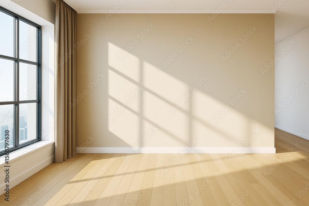 Poster modern empty room interior with large window, wooden floor and sunlight casting shadows on beige wal