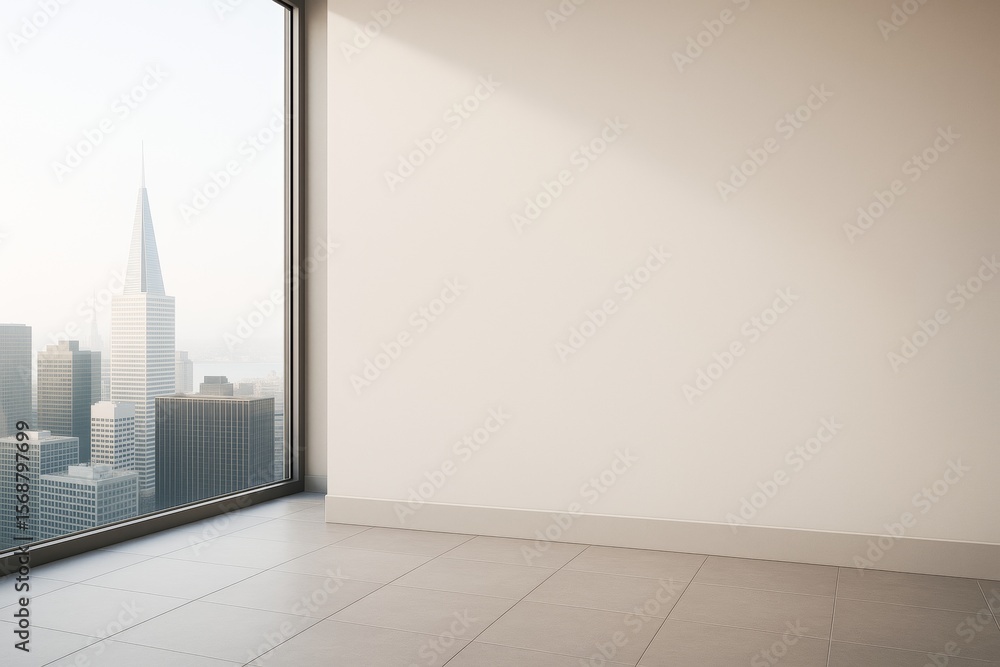 Poster empty modern room interior with tiled floor and white wall, large window showing cityscape with skys
