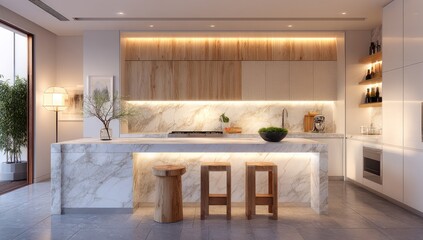 Modern kitchen with light wood cabinets, marble countertop, and wooden barstools