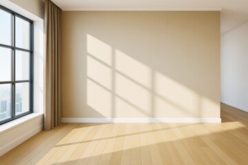 Modern empty room interior with large window, wooden floor and sunlight casting shadows on beige wall in clean architectural space. Ai generative.