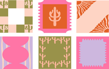 Set of retro frames or stickers with cactus. Western square templates in minimalism