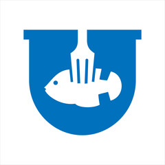 Food logo design that combines the letter u with a fish and fork, using the color blue.