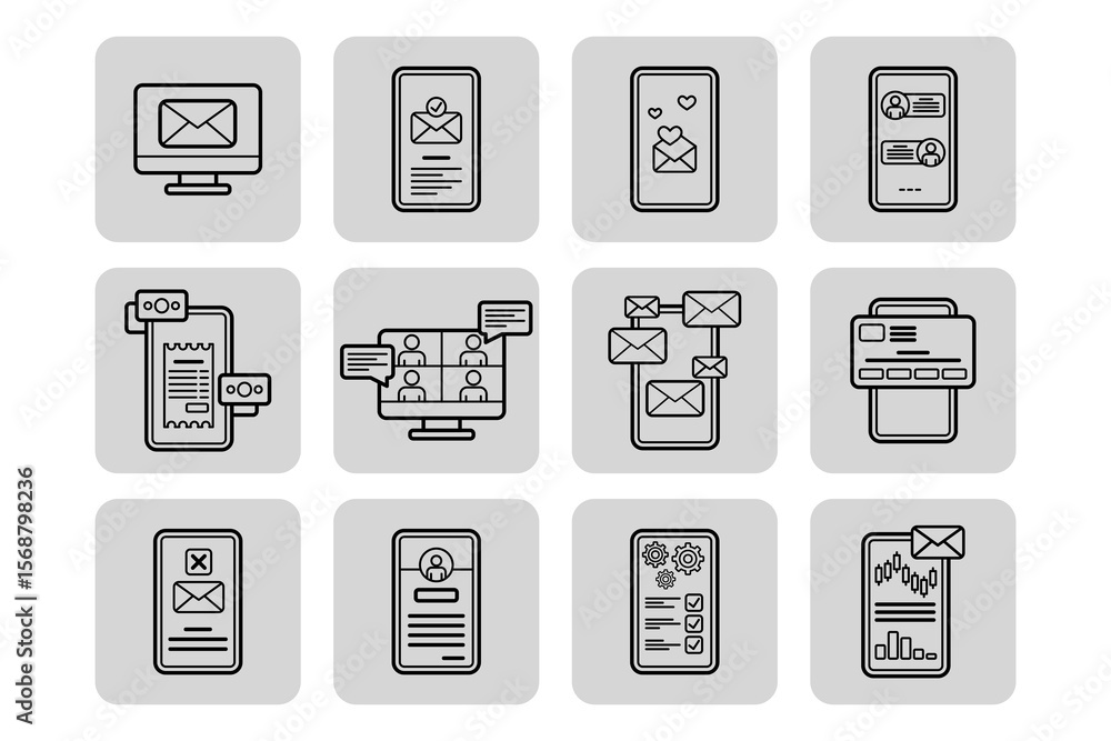 Aufkleber collection of line icons depicting various digital communication methods, including email, messaging
