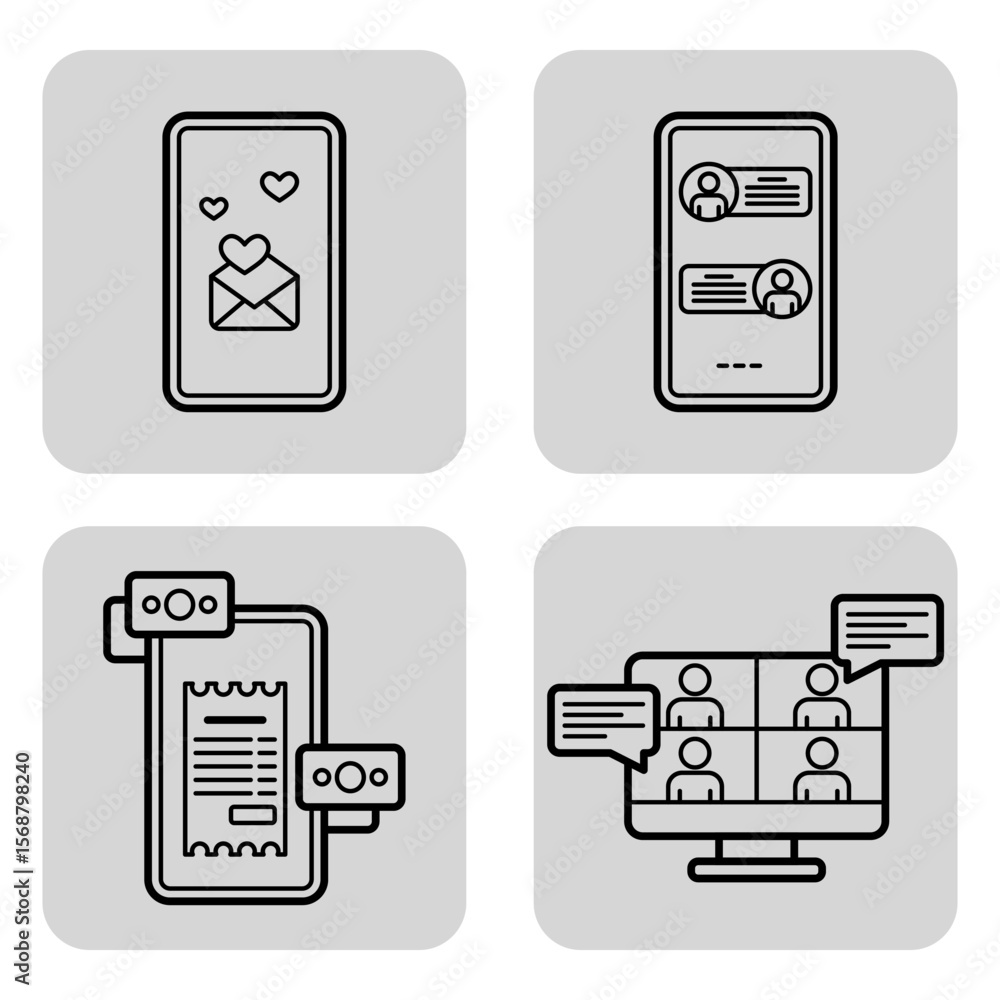 Poster collection of line icons representing various forms of digital communication. icons for messaging, v