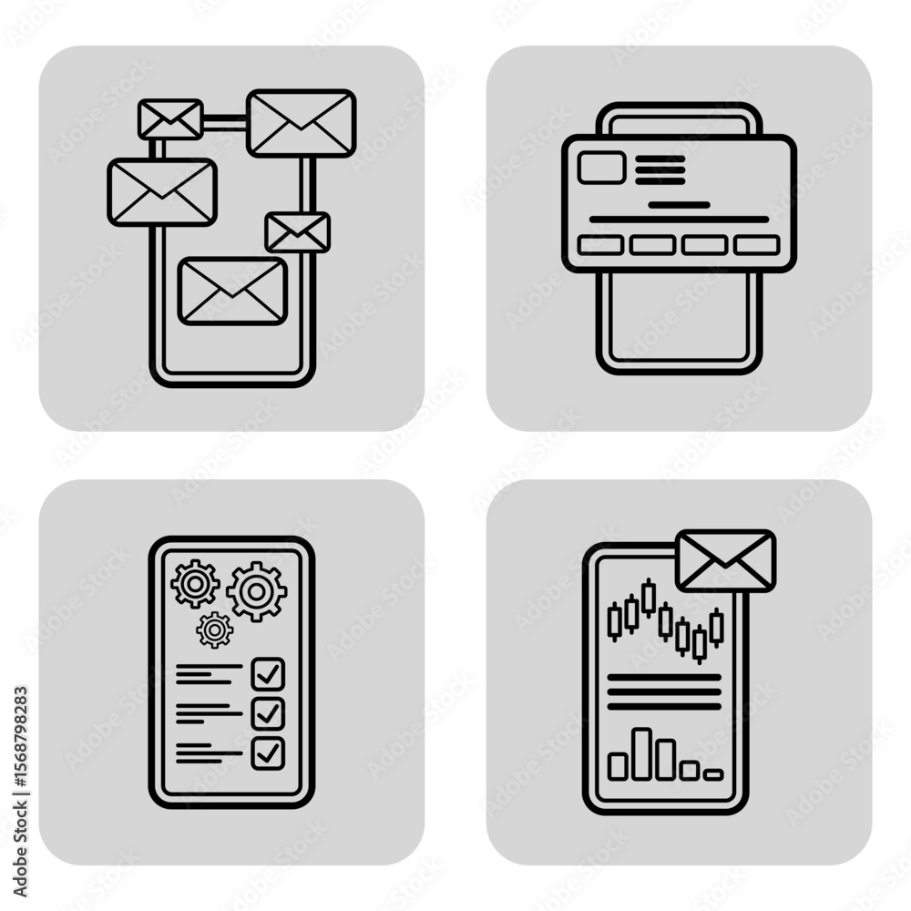 Aufkleber collection of line icons representing email communication, including message flow, credit card proce