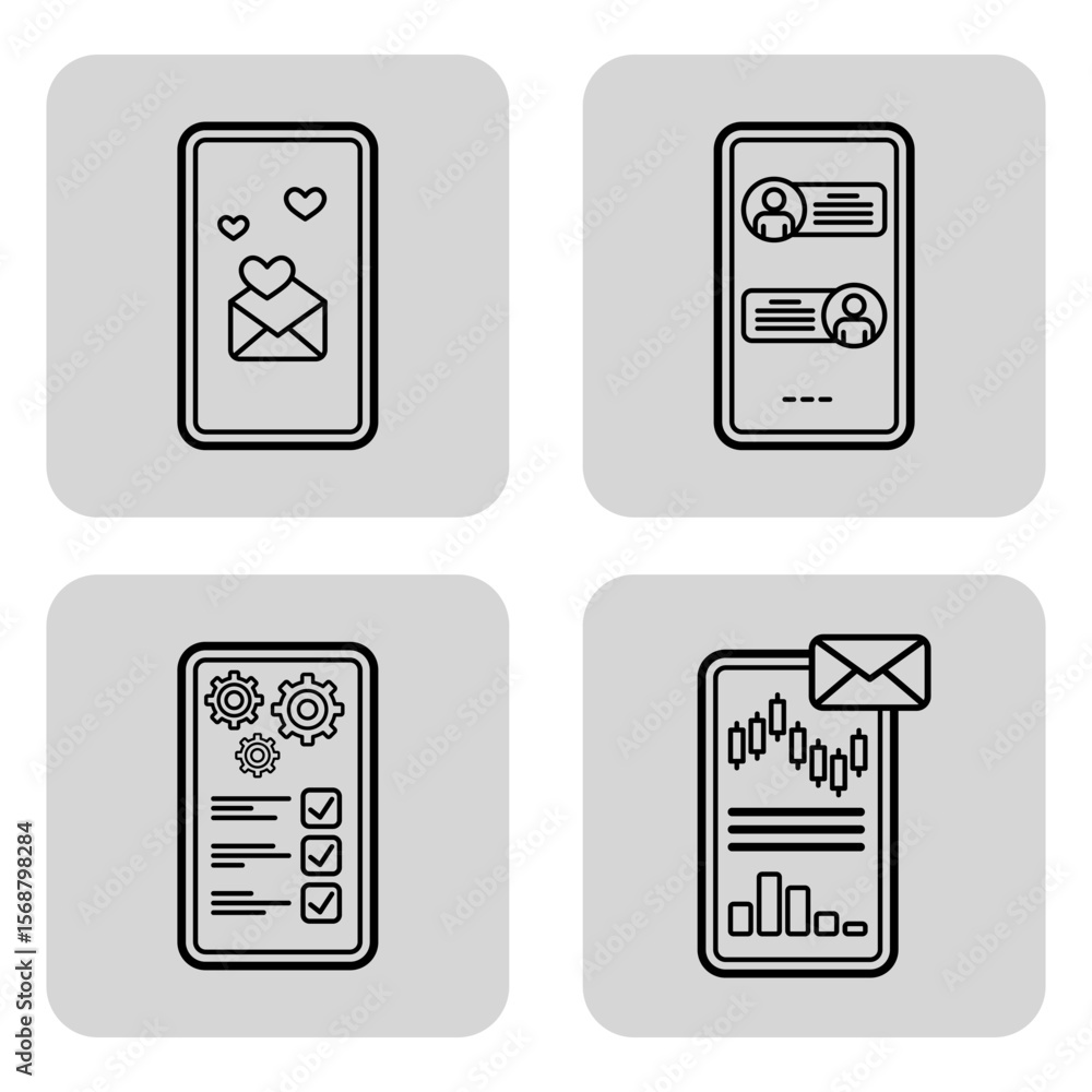 Poster four smartphone icons illustrating different functionalities including messaging, profile interactio