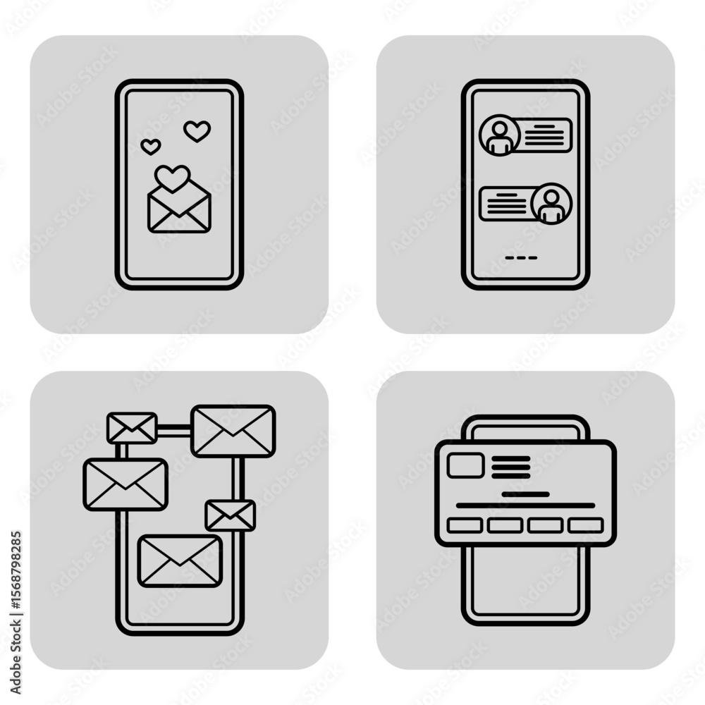 Poster set of four line icons illustrating different communication methods on mobile devices. messages, con