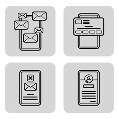 Four line icons of modern communication tools. Messages, credit card, and user profiles. Digital interaction and organization in everyday life concept
